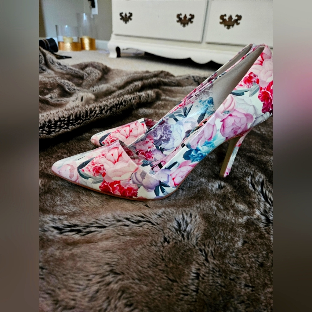 Pink and white floral heels